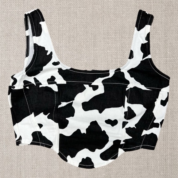 Lone Star corset Cow Print Structured Denim Crop Top - Picture 2 of 4